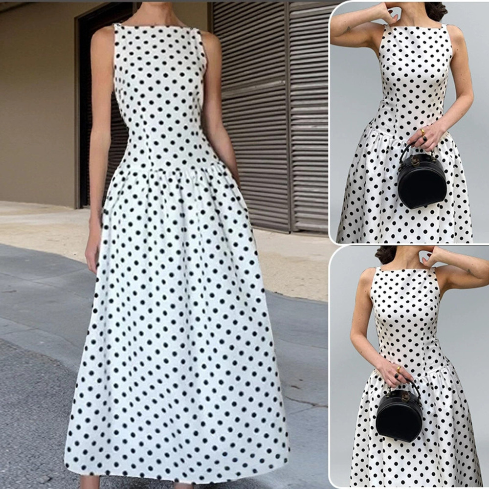 H&M Polka Dot Long Dress Casual Elegant Waist Pleated